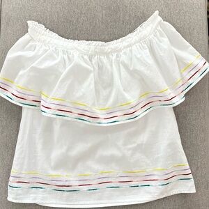 White Off-Shoulder Top with Multicolor embroidered Stripes